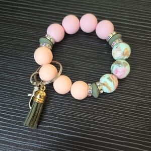 Pink and Floral Handcrafted Silicone Wristlet Keychain